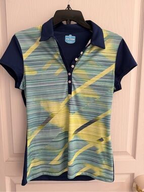 PGA TOUR Navy & Yellow Striped Polo Top